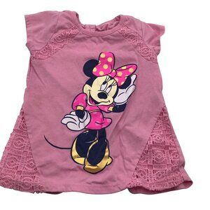 Disney Minnie Mouse Toddler Pink Shirt Lace Accents Size 4T Short Sleeve Cotton‎